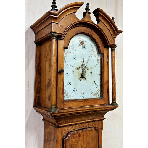 57 - 19th century pine thirty hour longcase clock with painted arch dial and date aperture, 215cm high, w... 