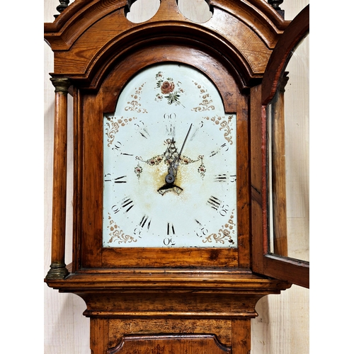 57 - 19th century pine thirty hour longcase clock with painted arch dial and date aperture, 215cm high, w... 