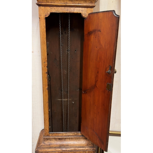 57 - 19th century pine thirty hour longcase clock with painted arch dial and date aperture, 215cm high, w... 