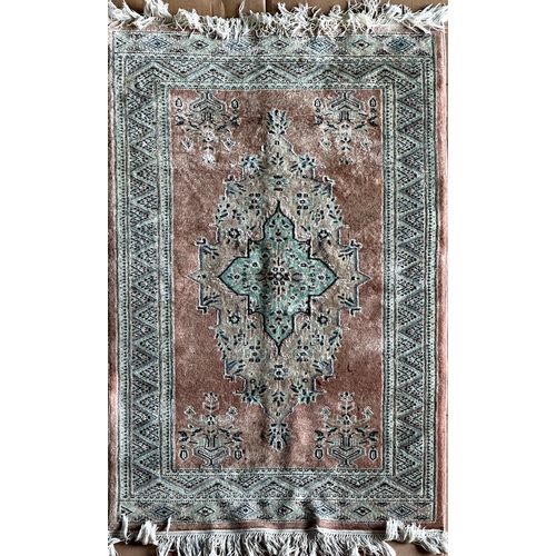 1583 - Persian silk blend Keshan rug, large central medallion and darted boarders on pink ground, L174 x W9... 