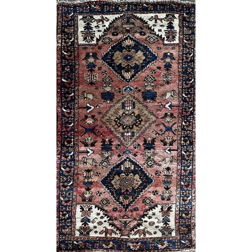 1585 - Antique Hamadan full pile runner, three medallions on washed red ground, L204 x W102cm