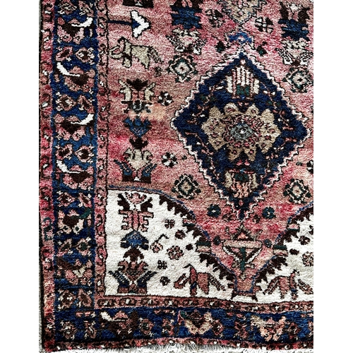 1585 - Antique Hamadan full pile runner, three medallions on washed red ground, L204 x W102cm