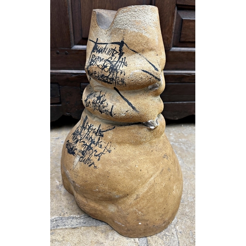 1265 - Unusual abstract studio pottery study of a female torso with graffiti type inscribed overlay, 47cm h... 