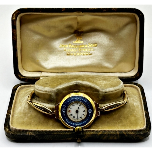 7 - Early 20th century 18ct cocktail watch, 26mm case with guilloche enamel bezel, 15ct concertina brace... 