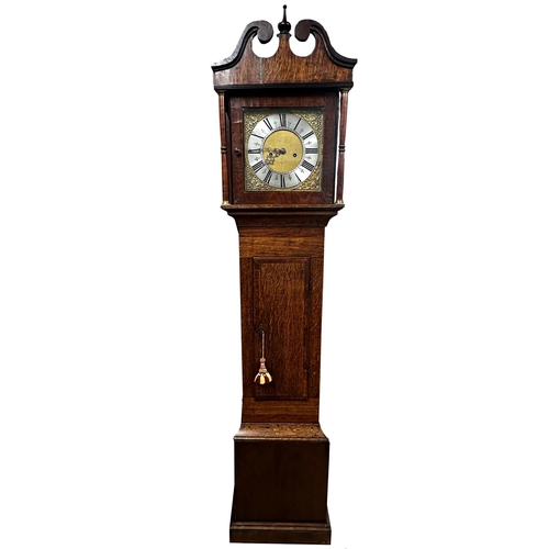 72 - 19th century twin train eight day oak and mahogany longcase clock by Simon Thorne of Tiverton, brass... 