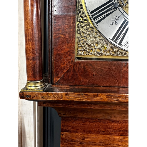 72 - 19th century twin train eight day oak and mahogany longcase clock by Simon Thorne of Tiverton, brass... 