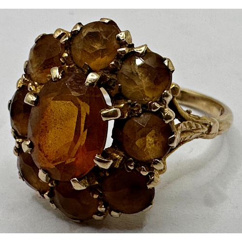 180 - 9ct citrine cluster ring, the central stone 1.5ct approx, size M, 4.7g