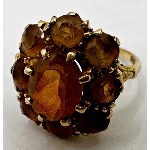 180 - 9ct citrine cluster ring, the central stone 1.5ct approx, size M, 4.7g