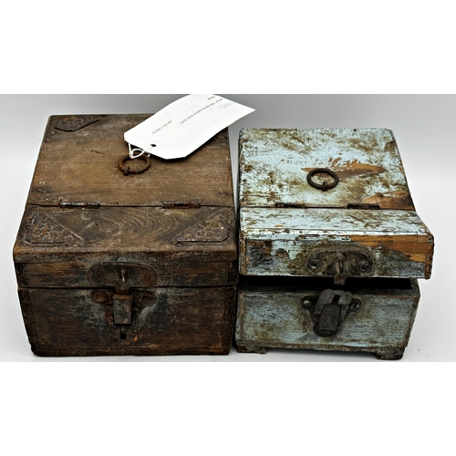 590 - Three vintage Indian primitive travel boxes, the hinged lids enclosing a further hinged foldable mir... 