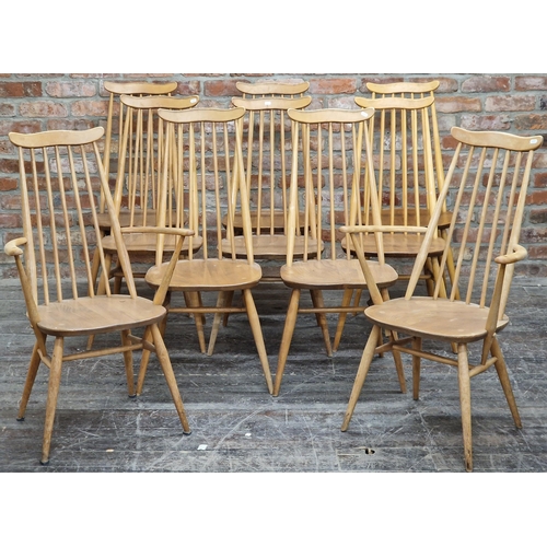 1222 - Set of 10 (8+2) vintage Ercol Goldsmith light elm chairs, 97cm high (10)