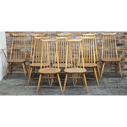 1222 - Set of 10 (8+2) vintage Ercol Goldsmith light elm chairs, 97cm high (10)