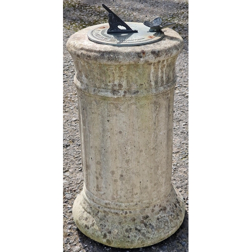 1039 - Reconstituted stone column sun dial, with butterfly decoration, 56cm high