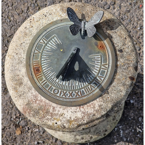 1039 - Reconstituted stone column sun dial, with butterfly decoration, 56cm high