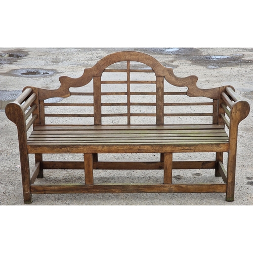 1042 - Stained teak three seat Lutyens bench, 102cm high x 169cm wide