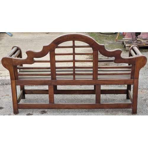 1042 - Stained teak three seat Lutyens bench, 102cm high x 169cm wide