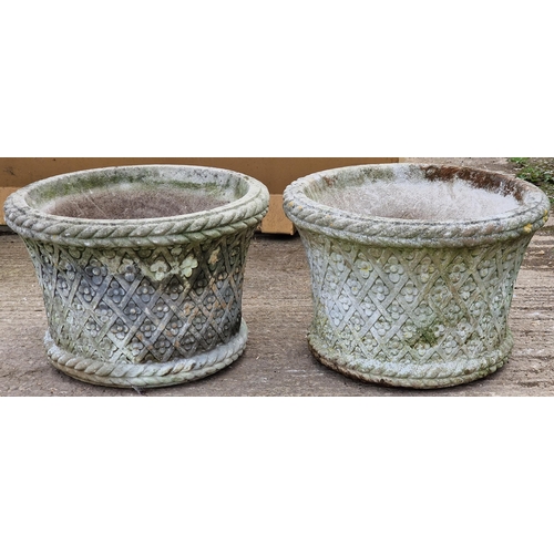 1043 - Pair of good quality weathered Haddonstone garden planters, with reticulated flowerhead and basket w... 