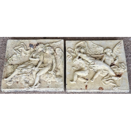 1049 - Pair of reconstituted stone wall plaques depicting scenes of cherubs and angels, 43cm high x 45cm wi... 