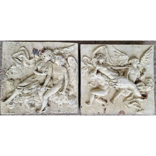 1049 - Pair of reconstituted stone wall plaques depicting scenes of cherubs and angels, 43cm high x 45cm wi... 