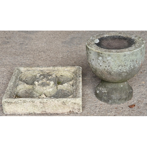 1050 - Weathered reconstituted Gothic wall plaque 37cm x 37cm  together with a weathered plinth/birdbath (2... 