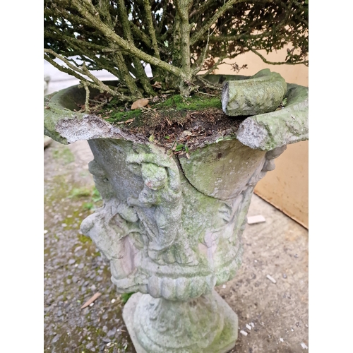 1054 - Pair of reconstituted stone garden urns with relief moulding, planted, 100cm high including plant, (... 