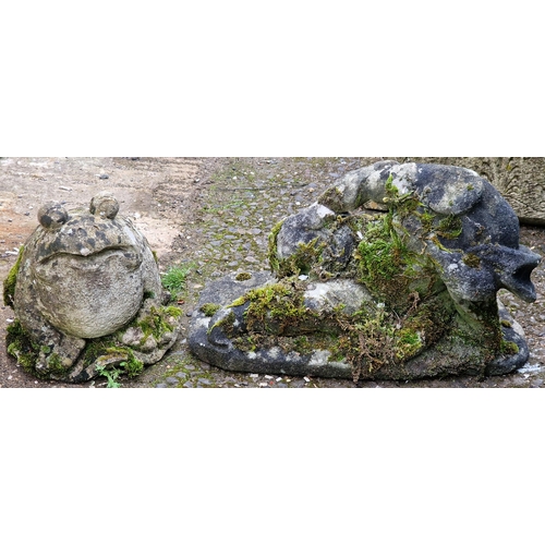 1055 - Weathered stone recumbent figure (missing head) together with a weathered reconstituted stone garden... 