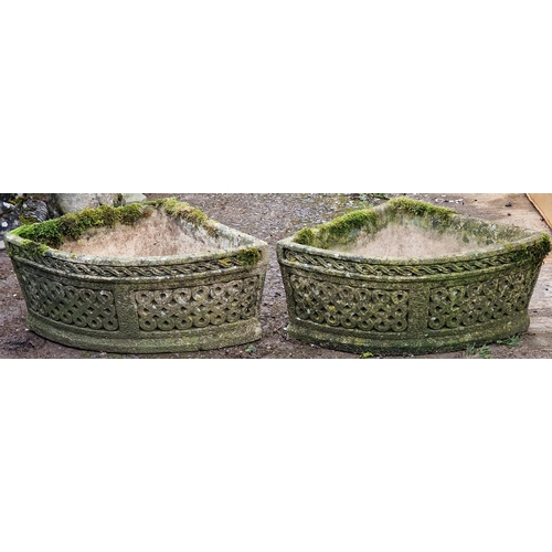 1057 - Cotswold Studios - Pair of weathered reconstituted stone garden corner planters with repeating latti... 