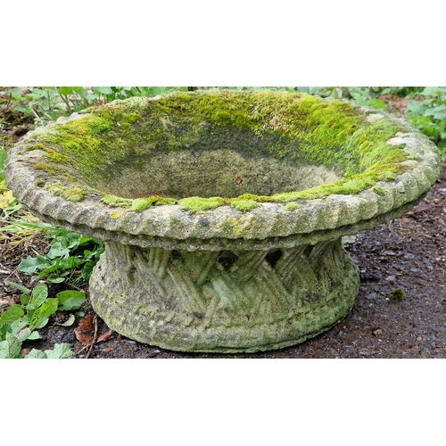 1060 - Pair of weathered garden planters with flared rims and latticework detail, 20cm high x 51cm wide, to... 