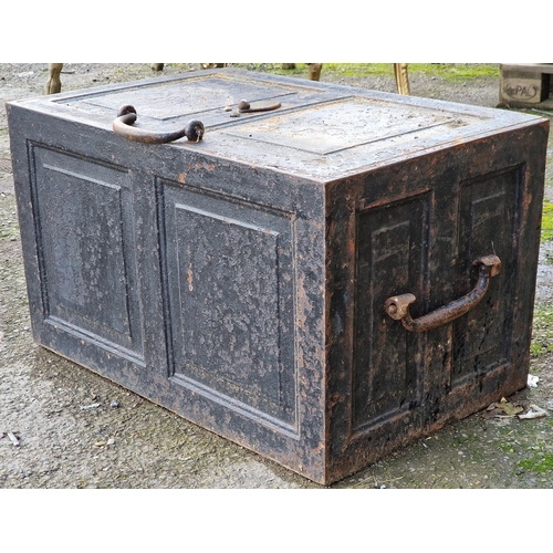 1075 - Substantial 19th century iron strongbox with fielded panels, carry handles to each side and rising l... 