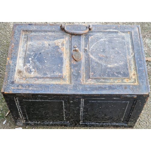 1075 - Substantial 19th century iron strongbox with fielded panels, carry handles to each side and rising l... 