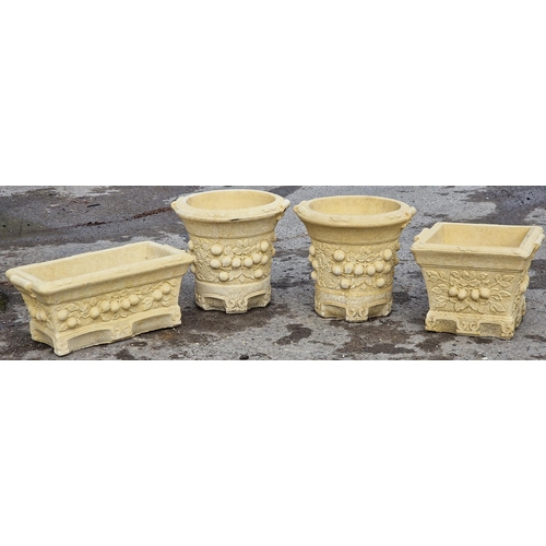 1080 - Willowstone - A pair of reconstituted stone buff coloured garden planters with fruiting vine detail,... 