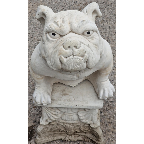 1084 - Reconstituted stone statue of a bulldog raised on a square pedestal base, 68cm high