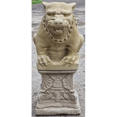 1085 - Reconstituted stone statue of a stylised hound/gargoyle raised on a square pedestal base, 78cm high