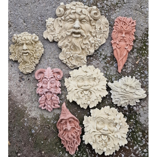 1087 - Collection of reconstituted stone wall hanging face masks to include mostly Greenman and satyr desig... 