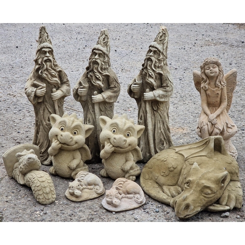 1089 - Collection of reconstituted stone garden ornaments in the form of fantasy creatures to include drago... 