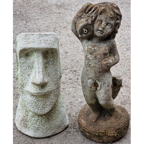 1095 - Weathered reconstituted stone water feature in the form of a cherub, 55cm high, together with a East... 