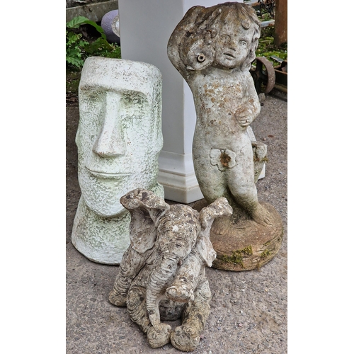 1095 - Weathered reconstituted stone water feature in the form of a cherub, 55cm high, together with a East... 