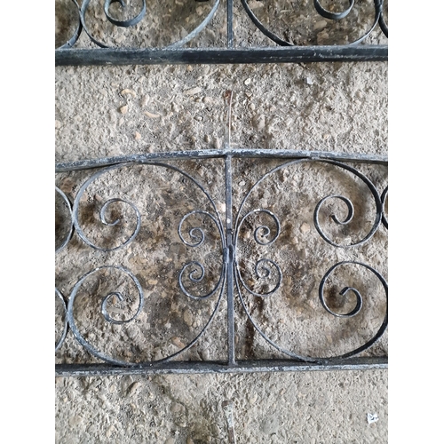 1098 - Three antique cast iron hand rails with scrolled detail, 39cm high x 309cm wide