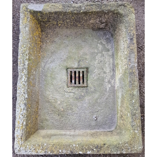 1107 - Weathered natural stone sink/trough with inset iron grate, 16cm high x 68cm wide x 54cm deep