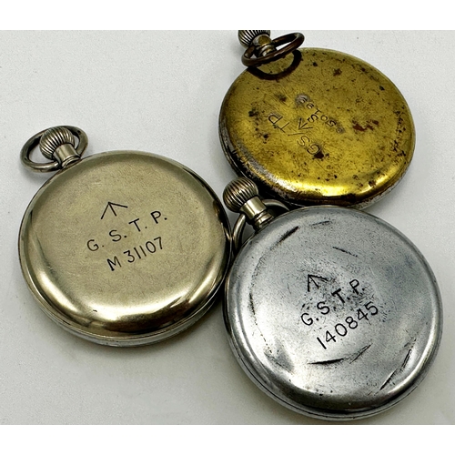 27 - Three military pocket watches with military stamps