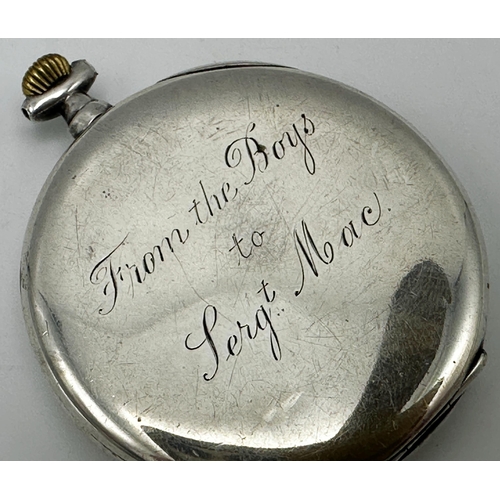 28 - Military silver cased pocket watch inscribed 'From the boys to Sergeant Mac', 45mm case, 48.9g gross