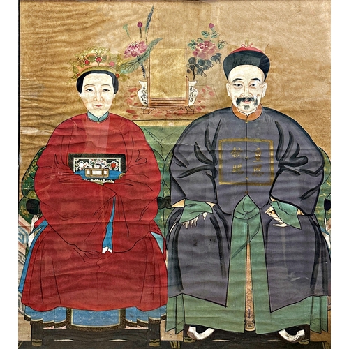 537 - 19th century Chinese school - Ancestor portrait of man and wife, watercolour and gouache on traditio... 