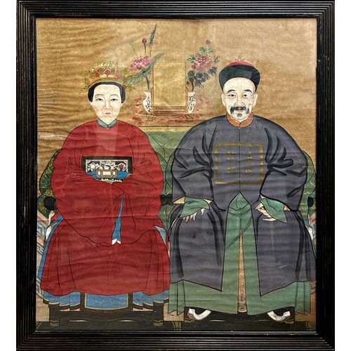 537 - 19th century Chinese school - Ancestor portrait of man and wife, watercolour and gouache on traditio... 