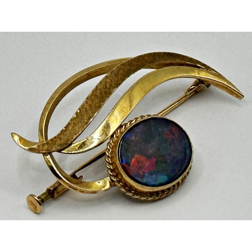 178 - Mid 20th century 10k black opal stylised floral brooch, the stone 11 x 14mm, 4cm long in total, 4.7g