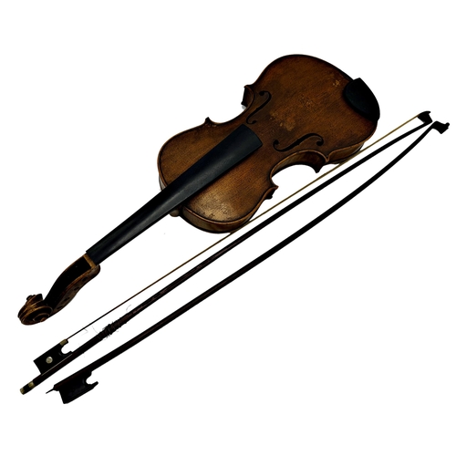 729 - 19th century violin, the label inside for 'Nicolaus Amati', 60cm long, with two bows (3)