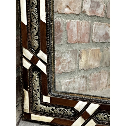 1132 - Good quality Persian wall mirror, with filigree white metal, fruitwood and bone frame, 101 x 58cm