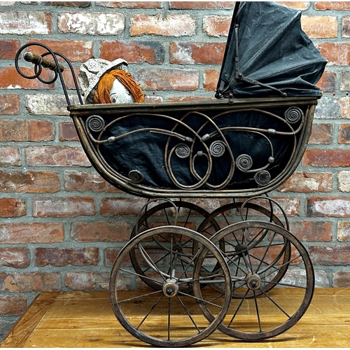 1333 - Antique wicker pram with pierced scrolling detail and fabric hood, 88cm high