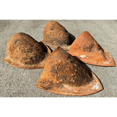 1118 - Set of four Spanish antique terracotta corner roof tiles, perfect as wall planters, each 53 x 50cm a... 