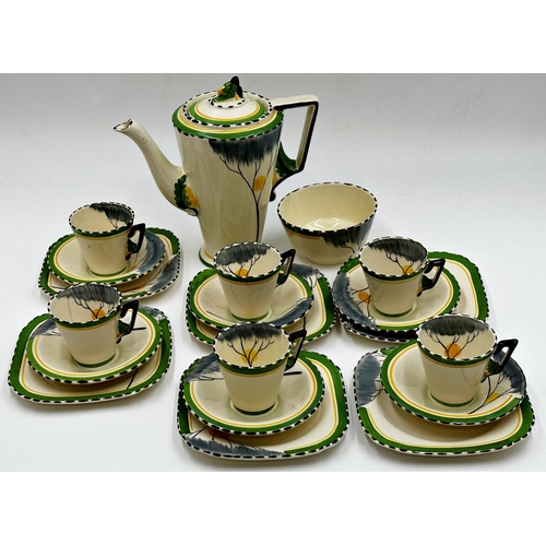 497 - Burleigh ware 'Zenith' pattern coffee set comprising coffee pot, sugar bowl, six cups, saucers and t... 