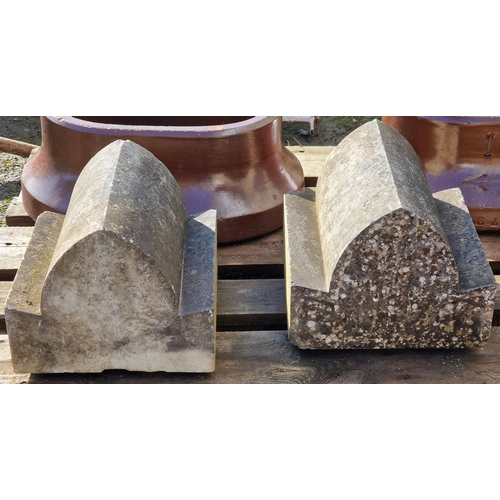 1119 - Pair of weathered marble pier caps with foliate detail, 23cm high x 28cm wide x 28cm deep (2)