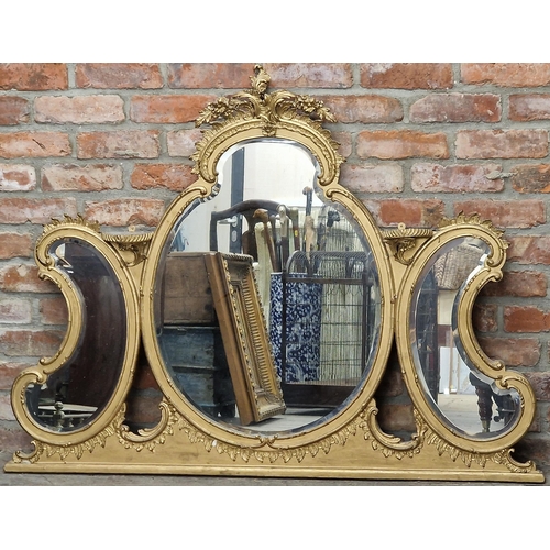 1143 - 19th century Florentine giltwood and gesso over mantel mirror with bevelled edge glass plates, decor... 